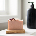 A handcrafted pink coconut and rose soap bar resting on a wooden draining dish in the foreground, contrasted against a blurred, generic black plastic body wash bottle in the background. A visual comparison of eco-friendly natural bar soap versus synthetic liquid detergent