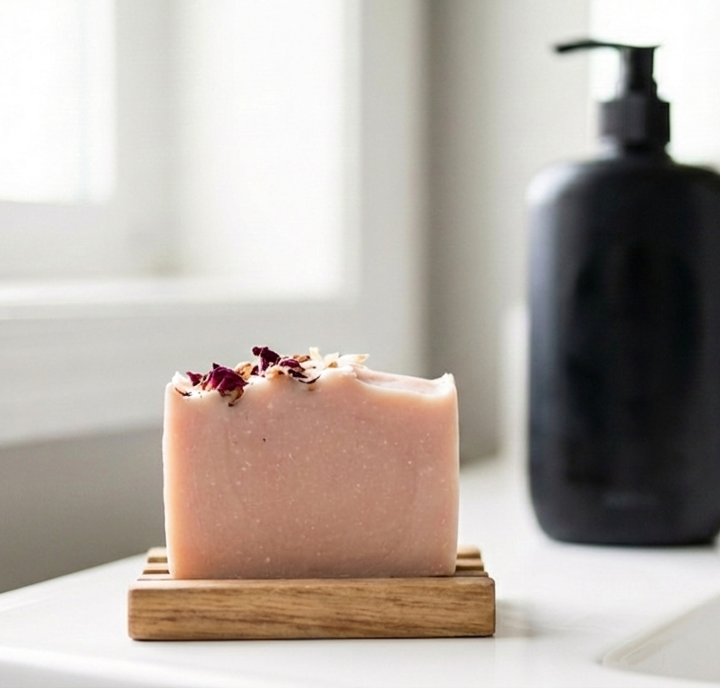 A handcrafted pink coconut and rose soap bar resting on a wooden draining dish in the foreground, contrasted against a blurred, generic black plastic body wash bottle in the background. A visual comparison of eco-friendly natural bar soap versus synthetic liquid detergent