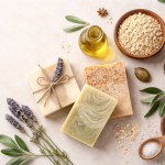Natural handcrafted soap bars with botanical ingredients arranged in a minimalist, spa-inspired setting