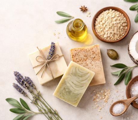 Natural handcrafted soap bars with botanical ingredients arranged in a minimalist, spa-inspired setting