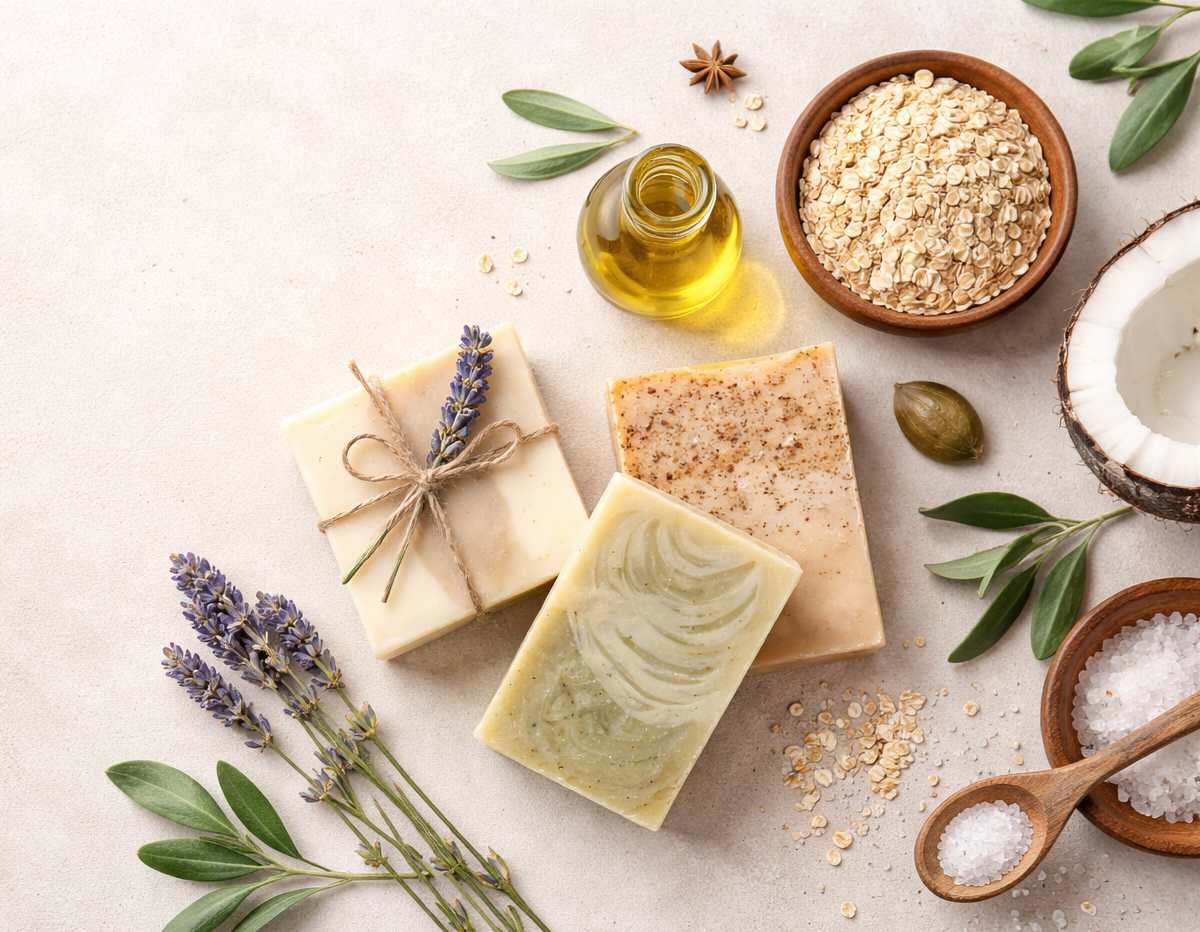 Natural handcrafted soap bars with botanical ingredients arranged in a minimalist, spa-inspired setting